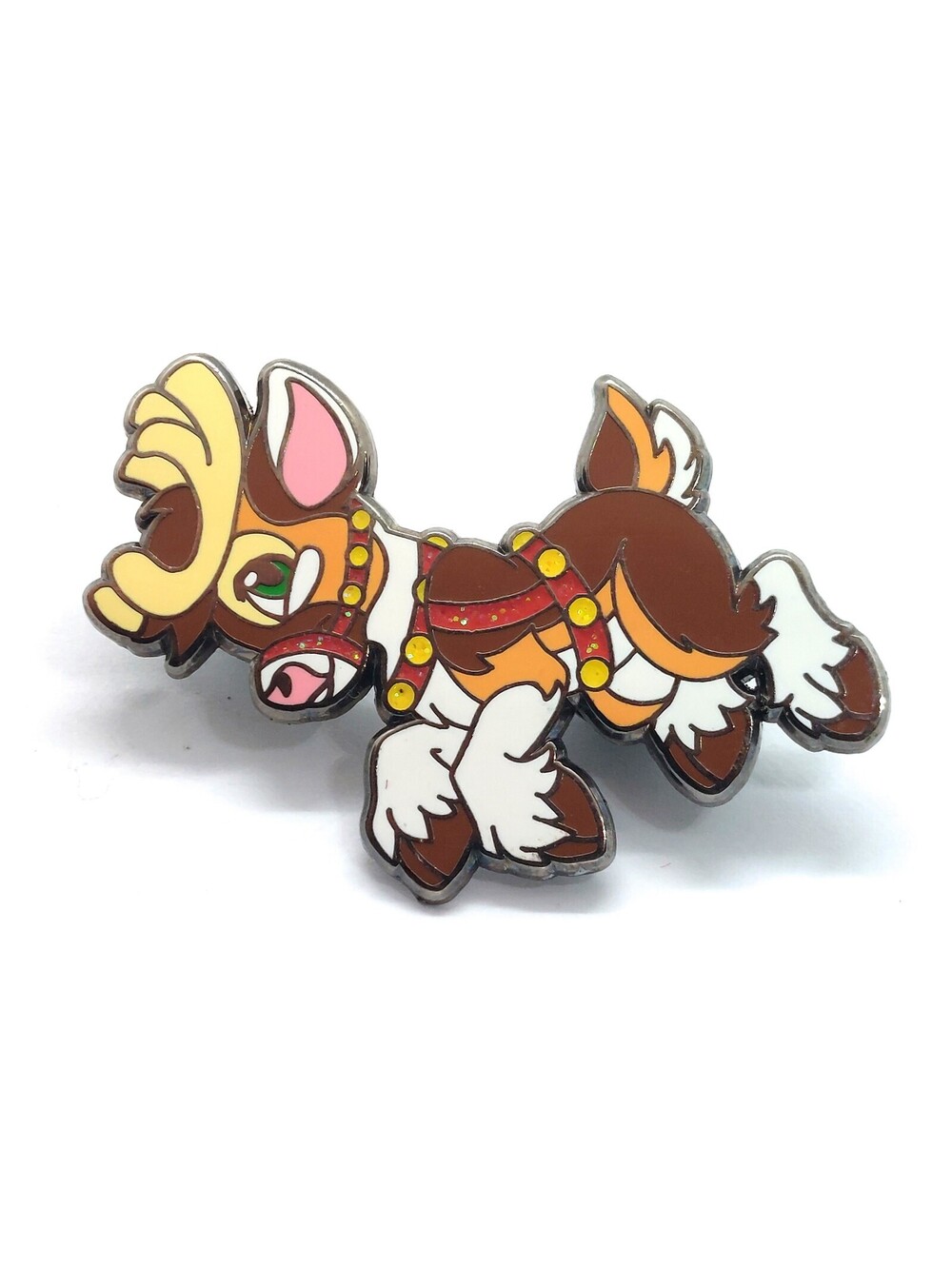 Reindeer Enamel Pin Cartoon Christmas Holiday Santa Sleigh Harness Lapel